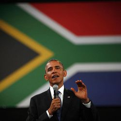 U.S. President Barack Obama  delivers remarks and takes questions at a town hall meeting with young African leaders at the University of Johannesburg Soweto campus in South Africa, Saturday June 29, 2013.