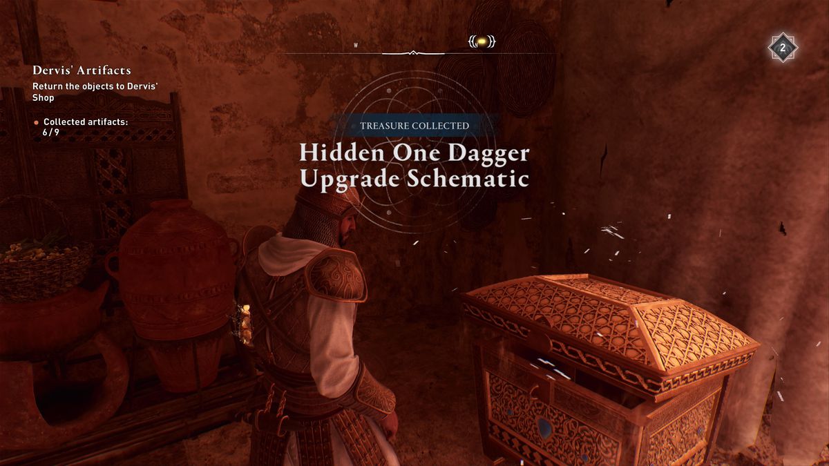 A screen saying ‘Treasure collect: Hidden One Dagger Upgrade Schematic’ in Assassin’s Creed Mirage.