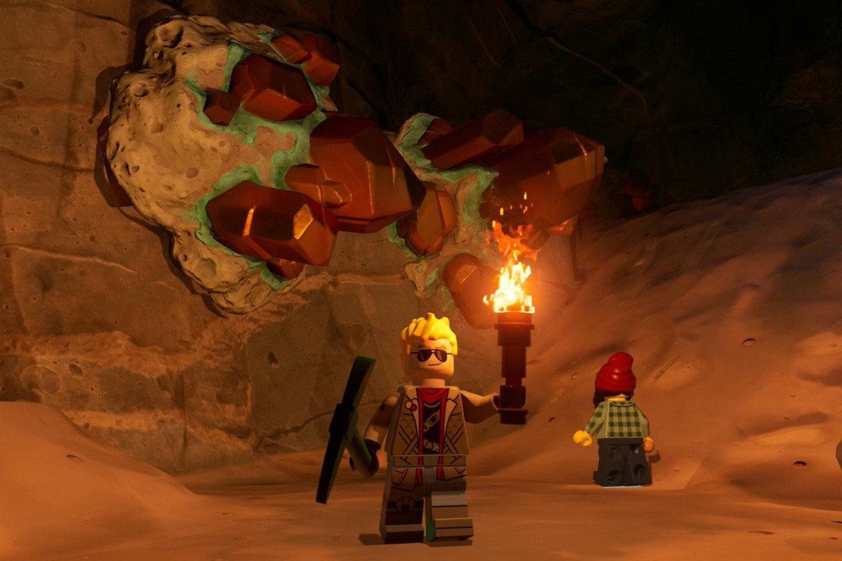 Lego Fortnite&nbsp;character in front of some copper deposits in a Dry Valley cave