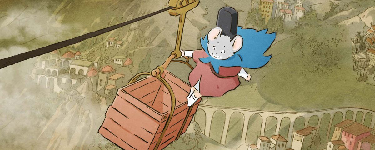 Celestine, a small gray mouse in a red hooded cloak, smiles as she descends along a wire on a pink basket, high above a dimly seen watercolor cityscape below, in Ernest and Celestine: A Trip to Gibberitia