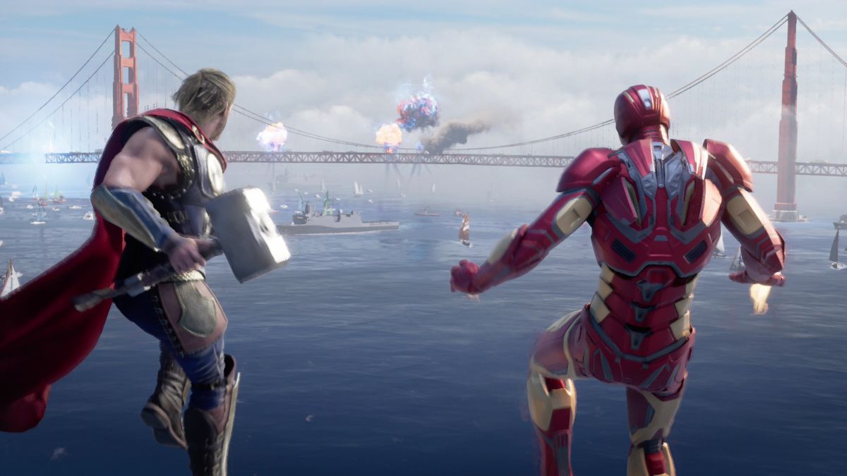 Thor and Iron Man watch an explosion from the sky