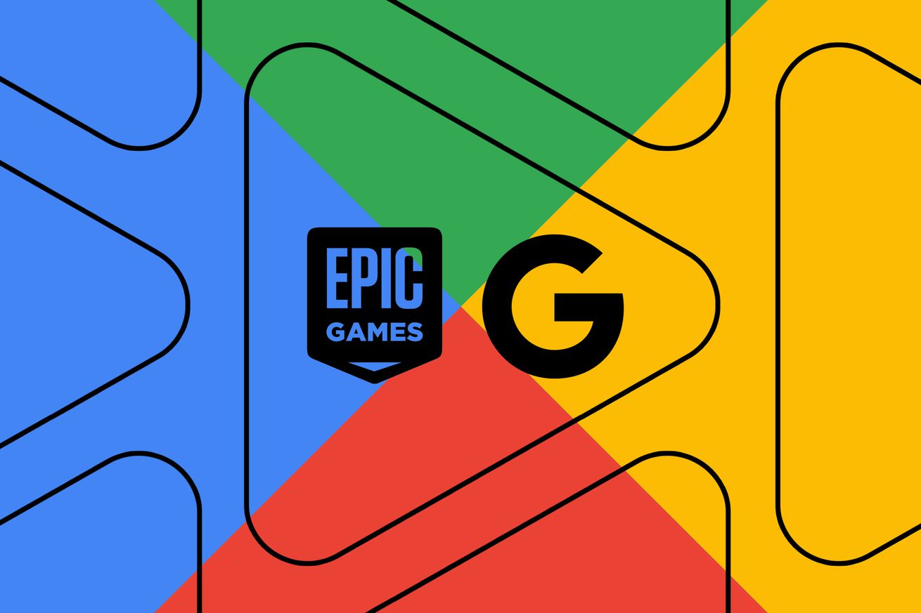 Illustration of the Epic Games logo and Google logo inside of a Google Play logo.