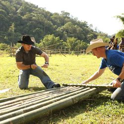 At the Detour Decision Point, Cowboy brothers Jet, left, and Cord, right, must build a bamboo raft then choose between "River Delivery" and "Run Through the Jungle" on the the All-Star edition of "The Amazing Race" on Sunday, March 9, on CBS.