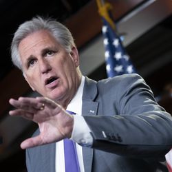 House Republican Leader Kevin McCarthy, D-Calif., speaks to reporters ahead of a vote ordered by House Speaker Nancy Pelosi, D-Calif., to condemn what she called "racist comments" by President Donald Trump directed at Reps. Ilhan Omar of Minnesota, Alexandria Ocasio-Cortez of New York, Ayanna Pressley of Massachusetts and Rashida Tlaib of Michigan, at the Capitol in Washington, Tuesday, July 16, 2019. GOP leaders dismissed the criticism of President Trump, calling it "politics" and "one more chance to go after our President" by the Democrats. (AP Photo/J. Scott Applewhite)