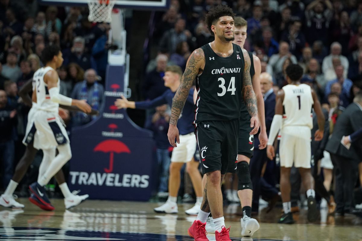 Cincinnati Bearcats guard Jarron Cumberland heads to the sideline as they take on the Connecticut Huskies in the second half at Harry A. Gampel Pavilion. UConn defeated Cincinnati in overtime 72-71.
