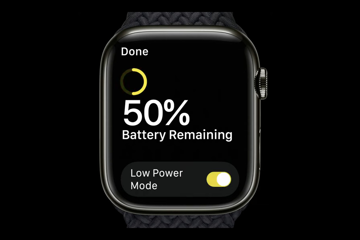 Picture of an Apple Watch displaying the low power mode settings screen.