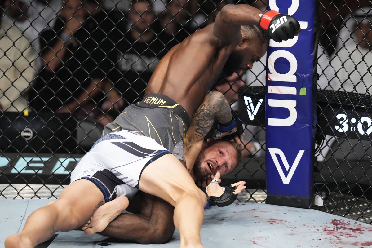 Aljamain Sterling lands heavy ground-n-pound on TJ Dillashaw during their UFC 280 title bout.