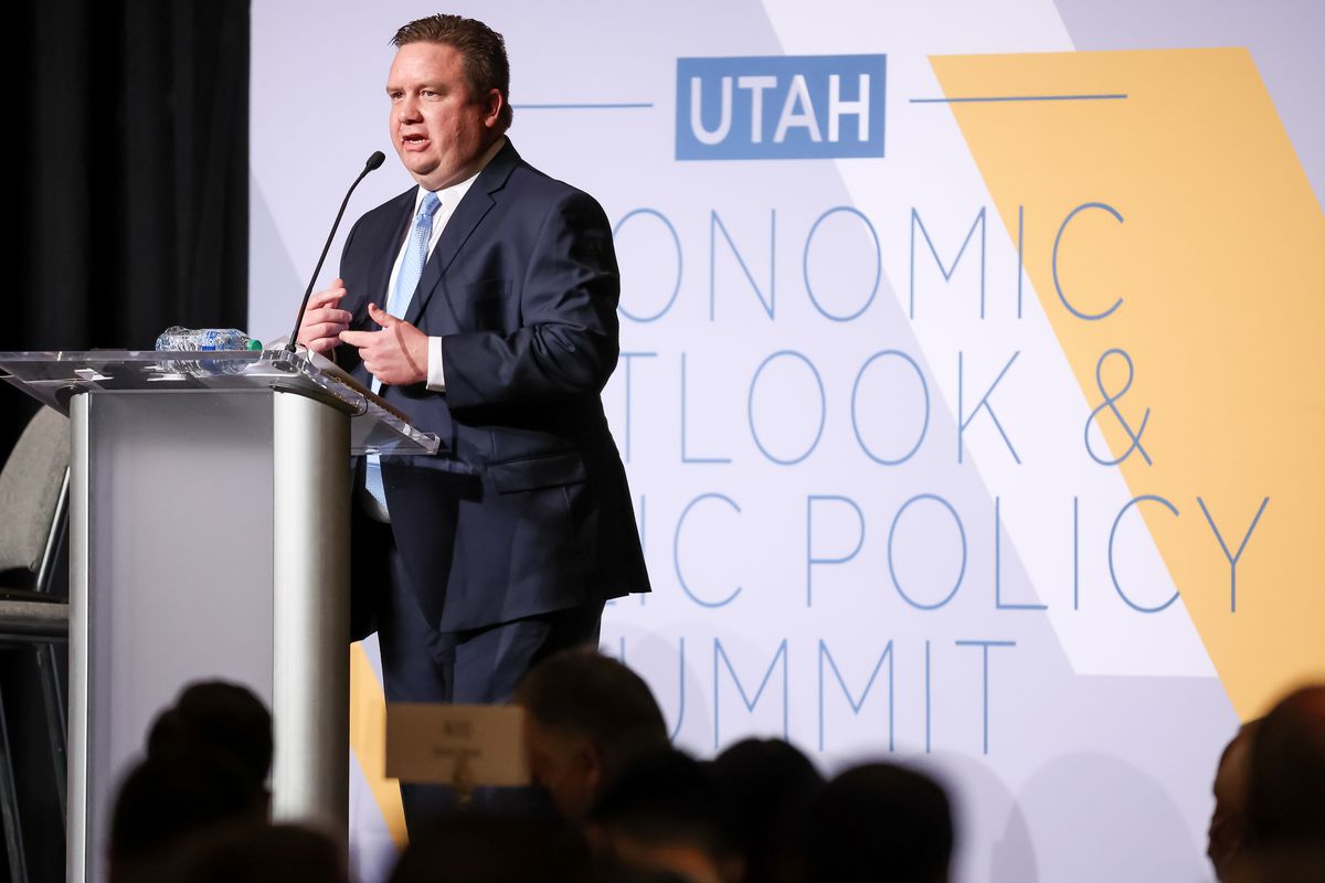 Phil Dean, senior public finance fellow at the Kem C. Gardner Policy Institute, speaks at the 2022 Utah Economic Outlook & Public Policy Summit at Grand America in Salt Lake City on Thursday, January 13, 2022.