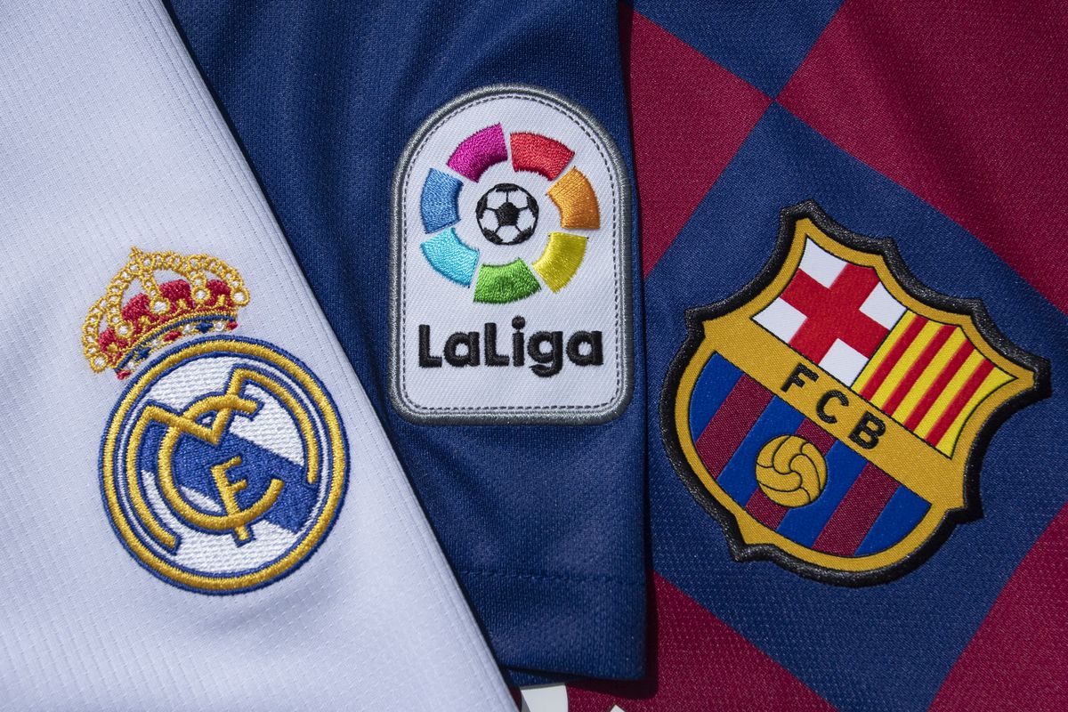 The La Liga logo with the FC Barcelona and Real Madrid Club Badges