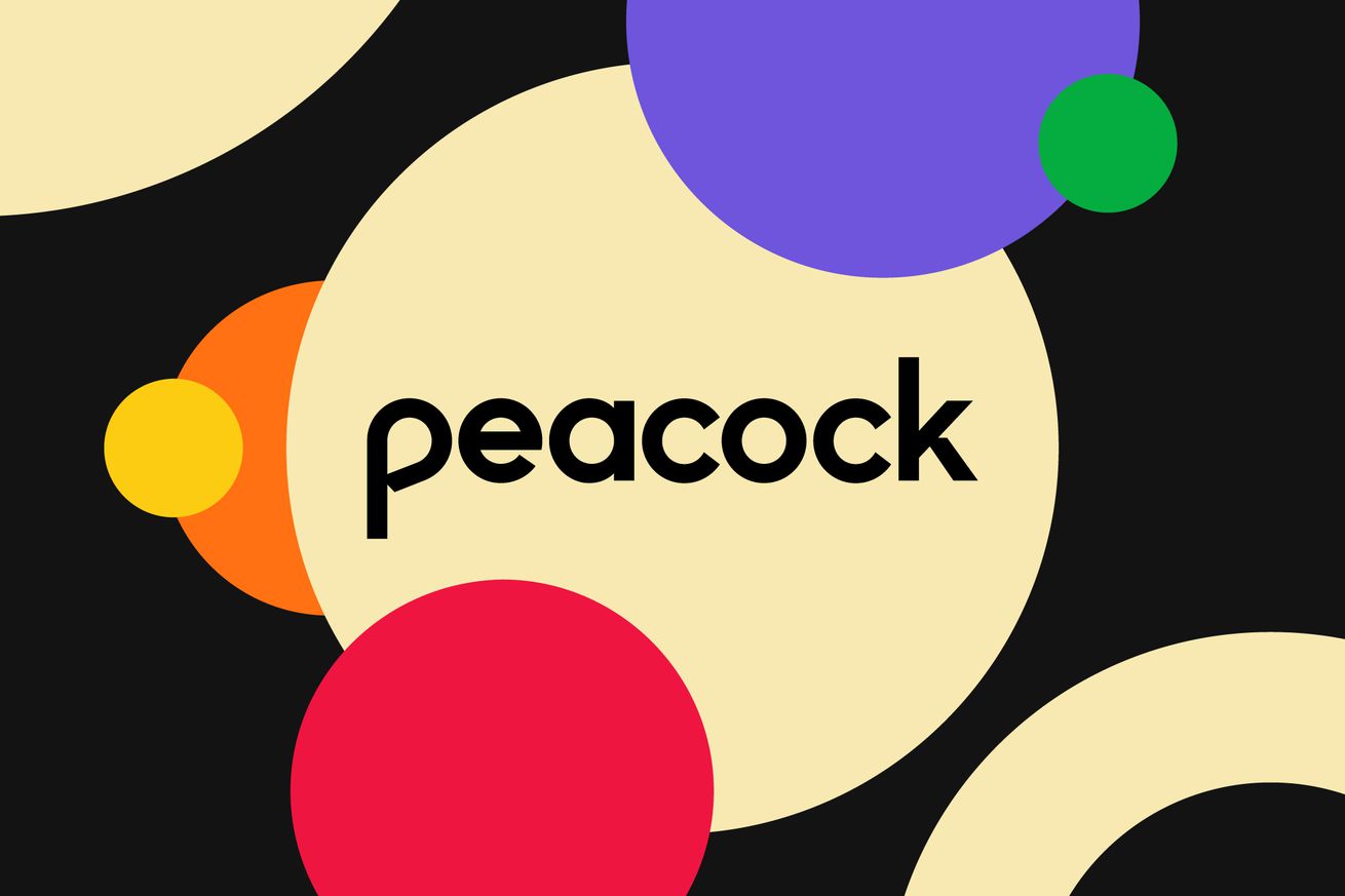 A graphic showing Peacock’s logo in a beige circle surrounded by other colorful circles