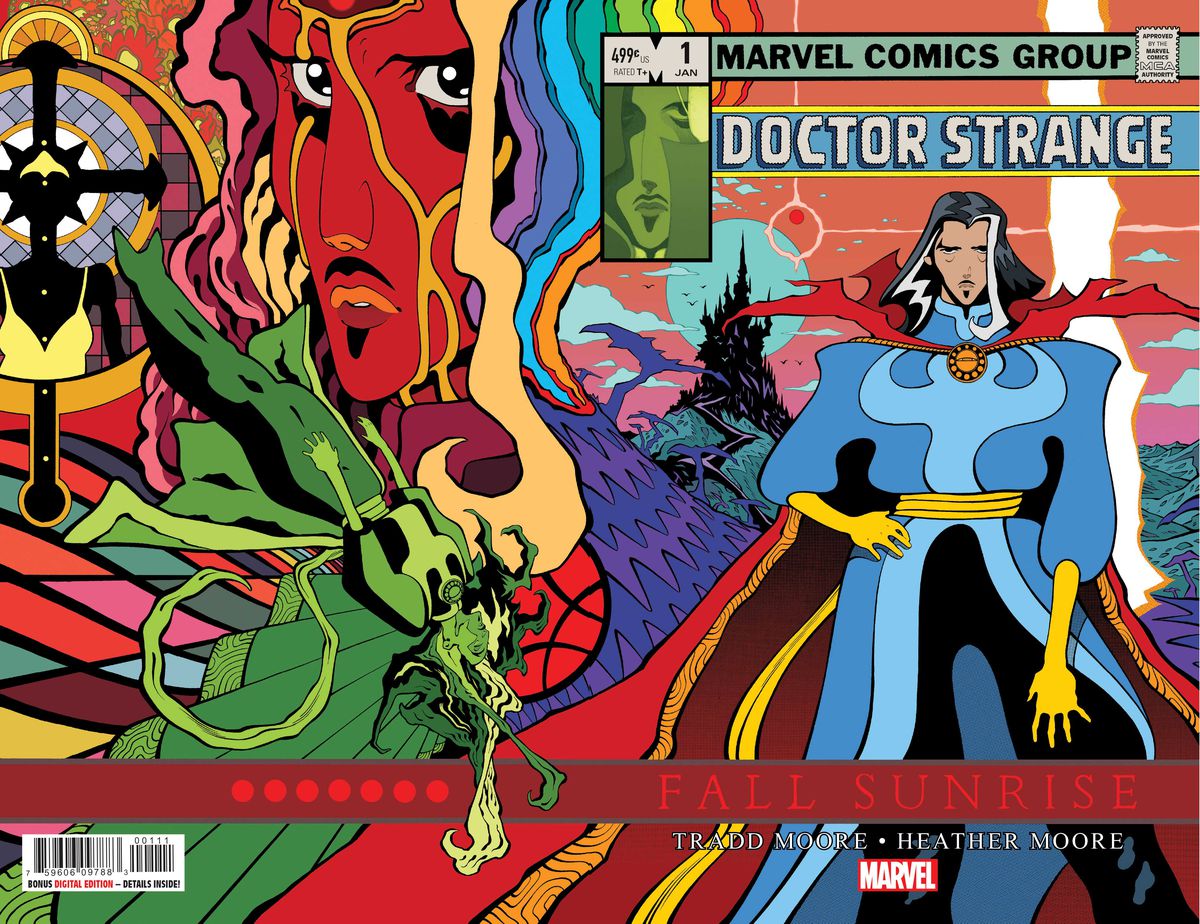 The front and back cover of Doctor Strange #1 (Marvel Comics, 2022), a psychedelic wraparound illustration where Doctor Strange strikes a pose with a hand on his hip on the front and a number of ghostly silhouettes and visages appear on the back, including his face in profile, a green shaded drawing of Strange drifting off to sleep, and a black and gold woman in front of a crucifix.
