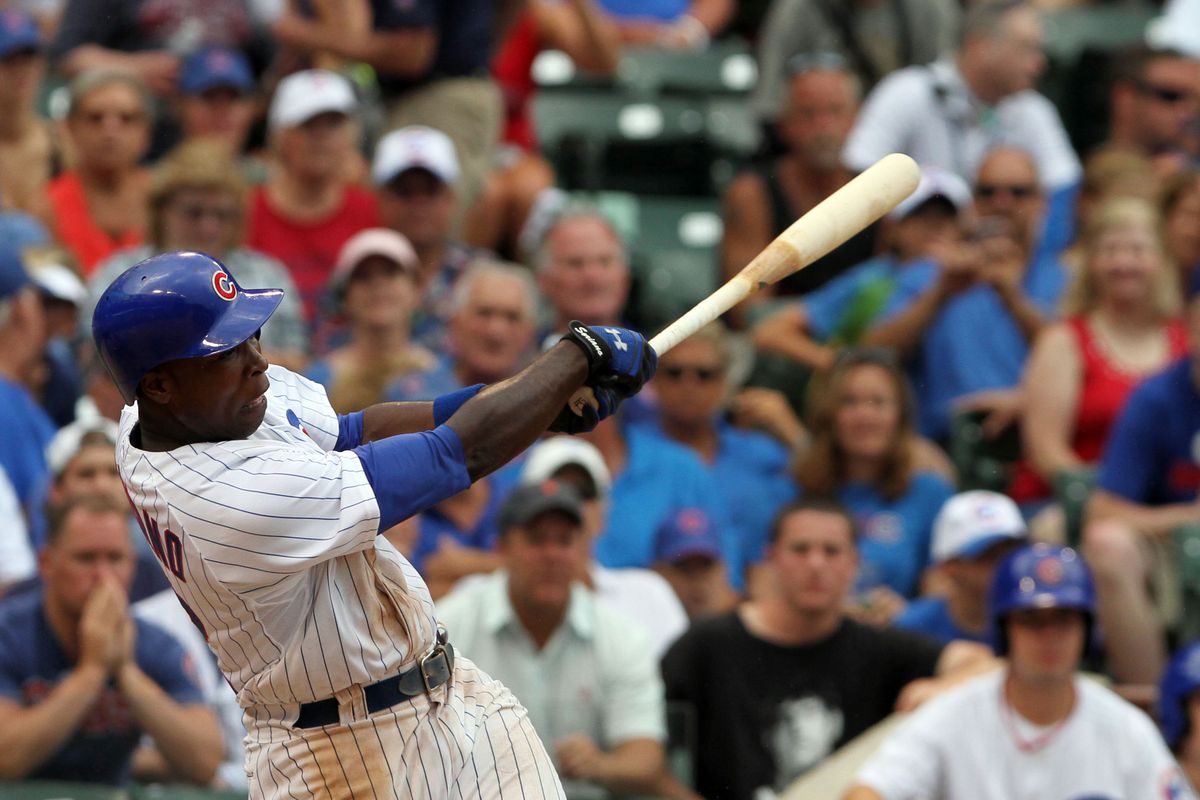 Alfonso Soriano of the Chicago Cubs hits against the Arizona Diamondbacks at Wrigley Field in Chicago, Illinois. (Photo by Tasos Katopodis /Getty Images)