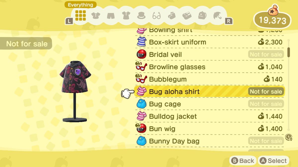 An Animal Crossing: New Horizons shop menu for a Bug Aloha Shirt