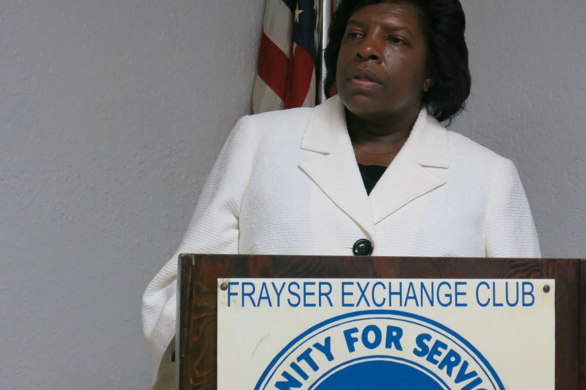 Shelby County school board member Teresa Jones speaks to the Frayser Exchange Club in June 2014.