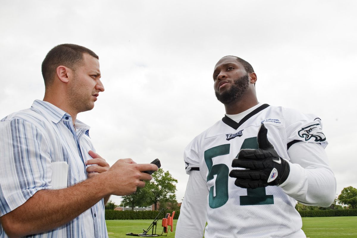 May 22, 2012; Philadelphia, PA, USA; Philadelphia Eagles linebacker Jamar Chaney (51) is interviewed after practice during organized team activities at the Philadelphia Eagles NovaCare Complex. Mandatory Credit: Howard Smith-US PRESSWIRE