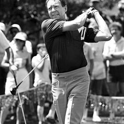 Sen. Orrin Hatch takes a swing in a game of golf, which included golf great Johnny Miller and the late football legend Merlin Olson.