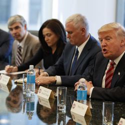 President-elect Donald Trump speaks during a meeting with technology industry leaders at Trump Tower in New York, Wednesday, Dec. 14, 2016. From left are, Amazon founder Jeff Bezos, Alphabet CEO Larry Page, Facebook COO Sheryl Sandberg, Vice President-elect Mike Pence, and Trump. 