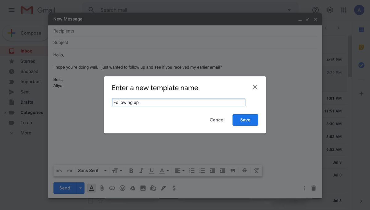 Enter a new template name window