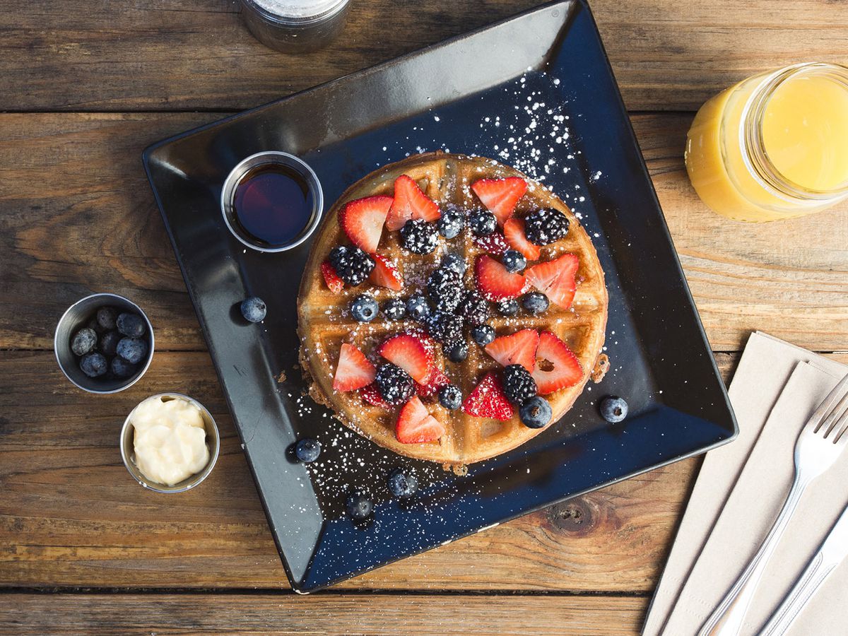 A waffle with fresh fruit from Seabirds Kitchen.