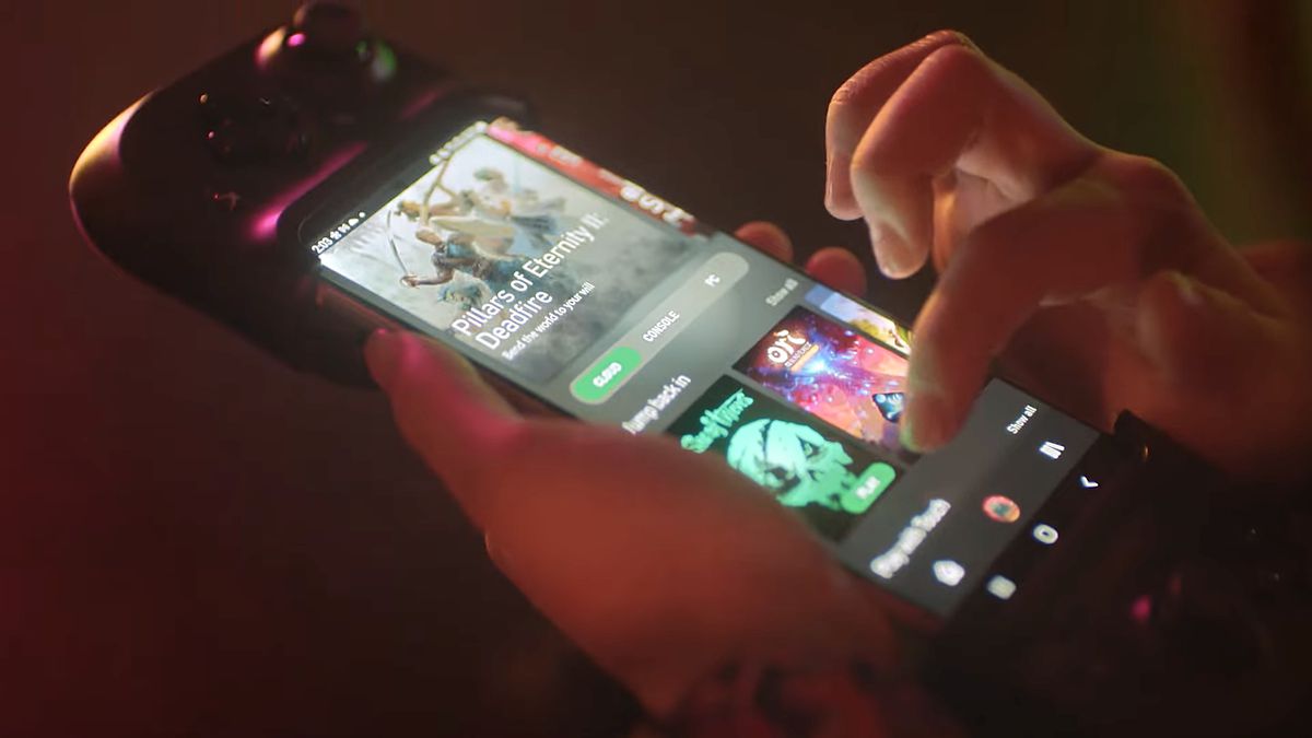 An iPhone user scrolls through the Xbox Game Pass Cloud Gaming library on a phone
