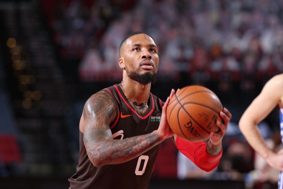 Damian Lillard of the Portland Trail Blazers shoots a foul shot during the game against the Portland Trail Blazers on February 11, 2021 at the Moda Center Arena in Portland, Oregon.