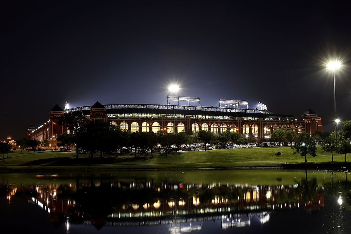 ARLINGTON, TX - JULY 06:  A general view of Rangers Ballpark in Arlington on July 6, 2012 in Arlington, Texas.  (Photo by Ronald Martinez/Getty Images)