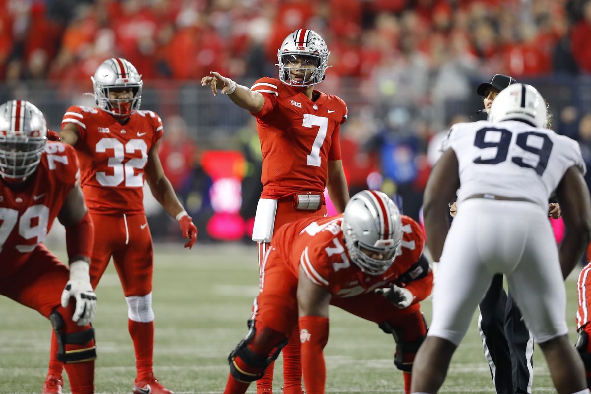 Ohio State Buckeyes quarterback C.J. Stroud (7) calls an audible against the Penn State Nittany Lions in the fourth quarter at Ohio Stadium.