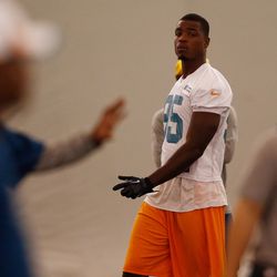 Jul 21, 2013; Davie, FL, USA;  Miami Dolphins number one draft pick defensive end Dion Jordan (95) watches from the sideline during  training camp at the Doctors Hospital Training Facility at Nova Southeastern University.