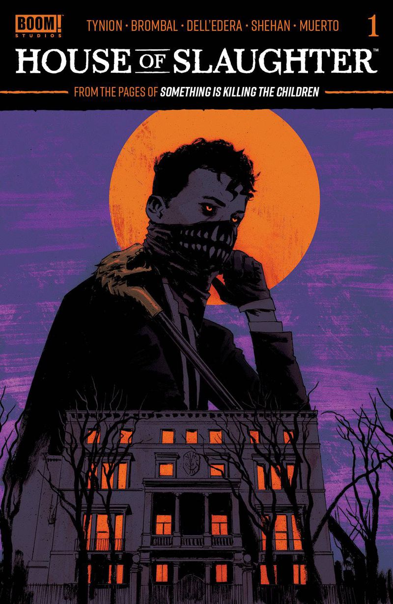 Aaron Slaughter, wearing a black bandana emblazoned with a set of white, fanged teeth and carrying a dragon-headed cane. His outsized figure is silhouetted against an orange moon, in the foreground is the House of Slaughter, its windows glowing orange as well, on the cover of House of Slaughter #1 (2021).