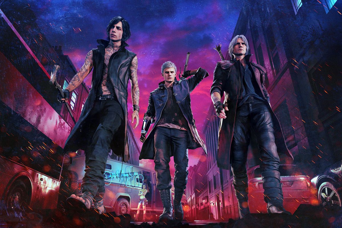 V, Nero and Dante walk stylishly in key art for Devil May Cry 5.