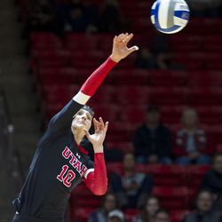 Utah outside hitter Carly Trueman spikes the ball against Colorado during an NCAA women's volleyball match at the Huntsman Center in Salt Lake City on Friday, Nov. 25, 2016. Utah dropped its home finale to Colorado 3-2.