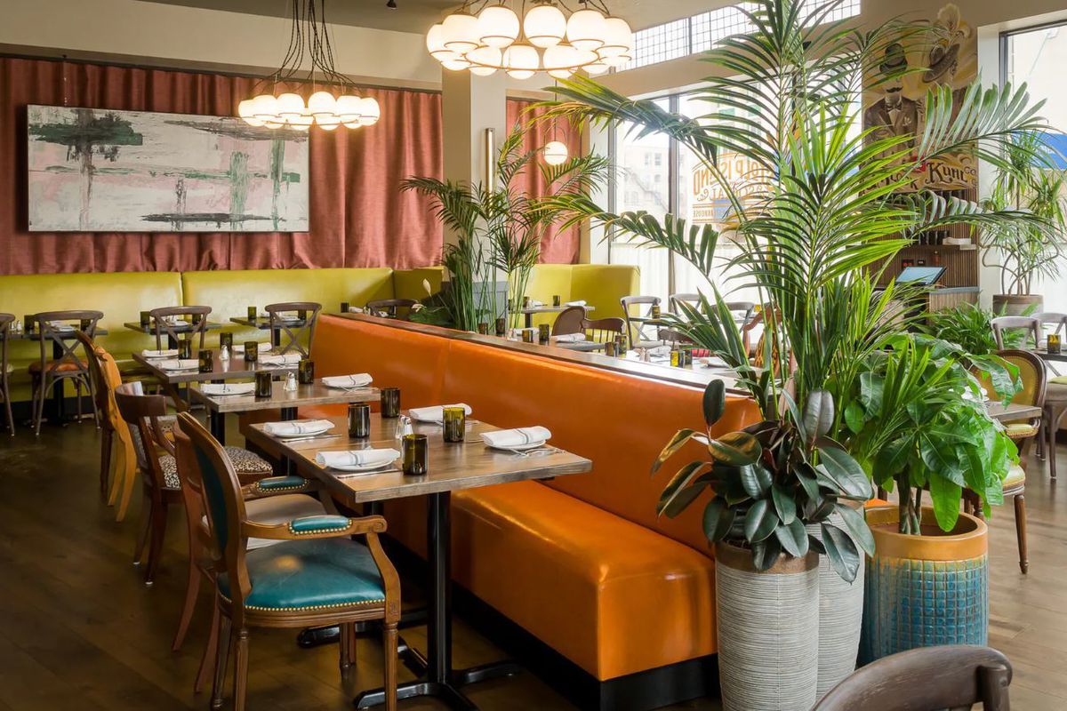 A bright and verdant dining room with colored booths, wooden chairs, and hanging art.