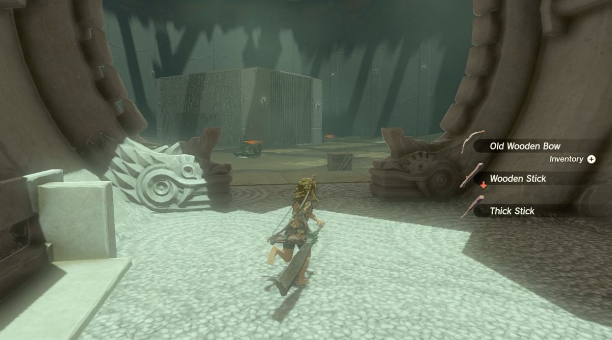Link collects sticks in Rasitakiwak Shrine in Zelda: Tears of the Kingdom