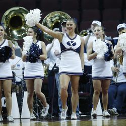 Brigham Young Cougars cheerleaders perform during the WCC tournament in Las Vegas Friday, March 4, 2016. BYU won 72-59. 