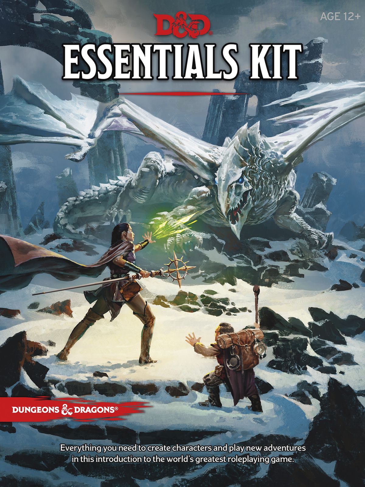 Cover art for the Dungeons &amp; Dragons Essentials Kit shows a player-character and their sidekick going up against a dragon on a snowy hilltop.