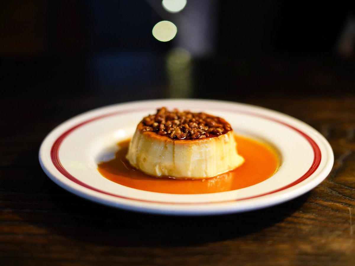 Creme caramel French custard given a decidedly Southern twist from the sorghum syrup and candied nuts from the Deer and the Dove in Decatur, GA. 