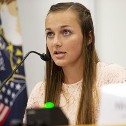 Union High School student Annalee Birchell gives a statement during a field hearing on energy and education hosted by Rep. Rob Bishop, R-Utah, at Union High School in Roosevelt on Wednesday, Aug. 29, 2018.