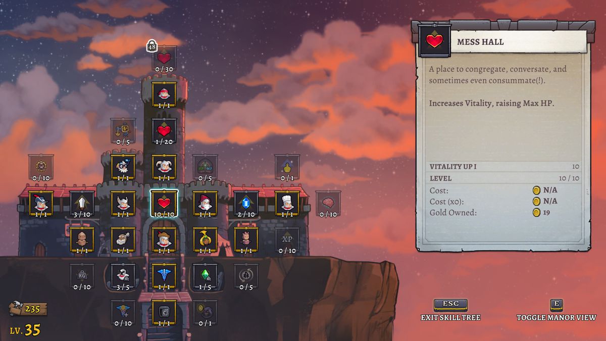 Screenshot of Rogue Legacy 2 showing the castle upgrade screen and a kiosk that increases max HP.