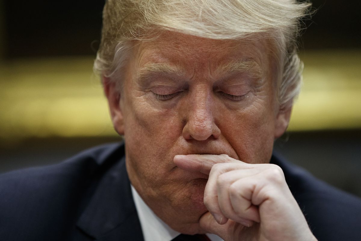 President Donald Trump listens during a briefing on drug trafficking at the southern border in the Roosevelt Room of the White House, Wednesday, March 13, 2019, in Washington. Trump said during the event the U.S. is issuing an emergency order grounding al