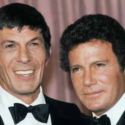 William Shatner (Actor) with actor Leonard Nimoy at the 34th Annual Emmy Awards Banquet in the Century Plaza Hotel on Sept. 19, 1982 in Los Angeles. 