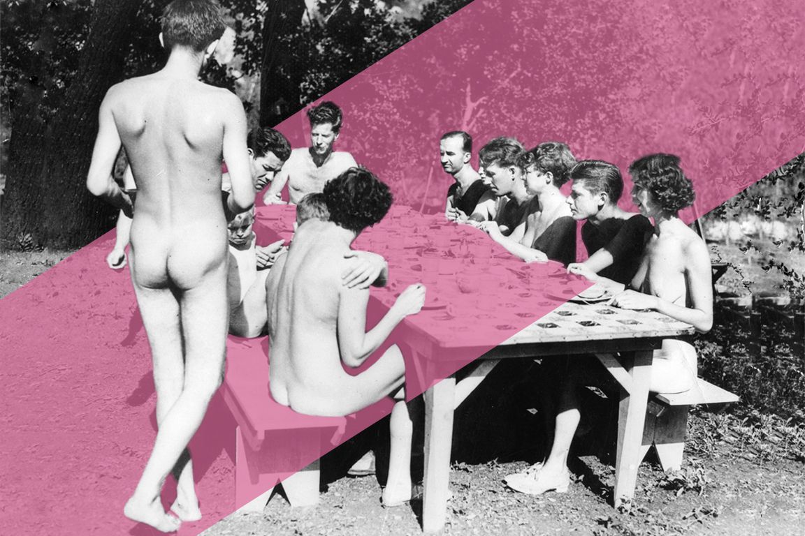 Naked men and women at a table outside