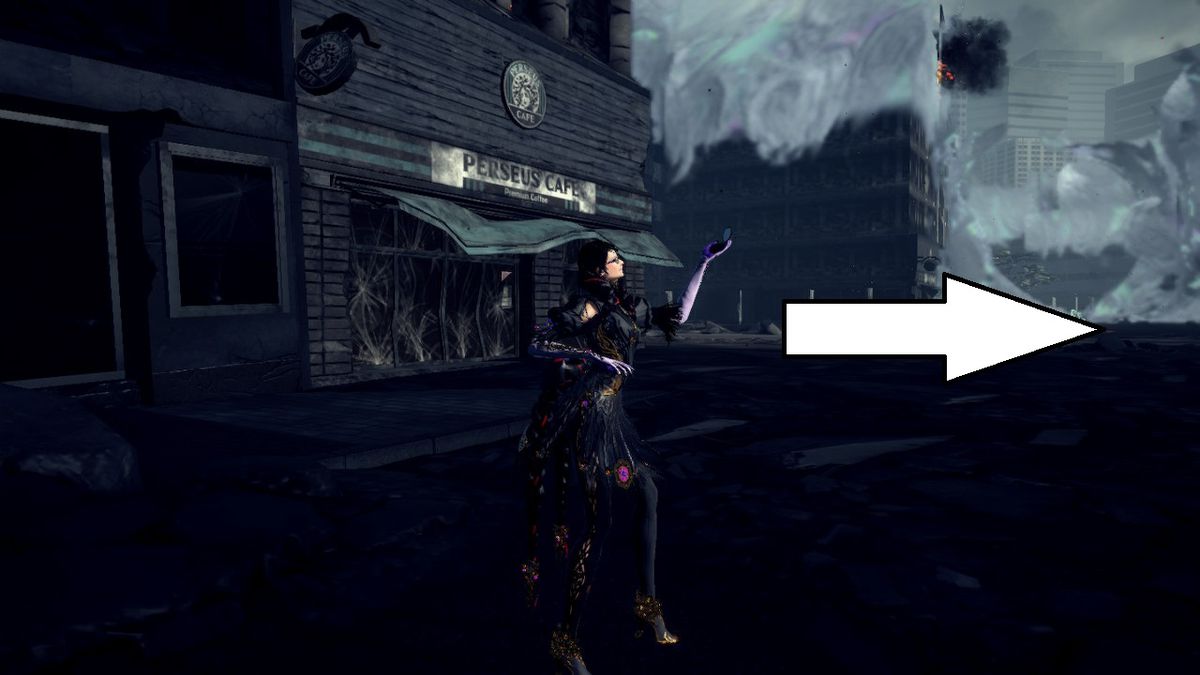 Bayonetta stands on a floating platform in a clearly magical realm in Bayonetta 3.