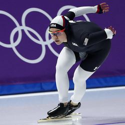 Jerica Tandiman of the U.S. competes during the women's 1,000 meters speedskating race at the Gangneung Oval at the 2018 Winter Olympics in Gangneung, South Korea, Wednesday, Feb. 14, 2018.
