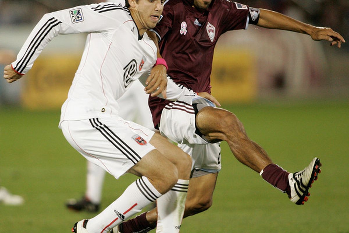 COMMERCE CITY CO - OCTOBER 02:  Dejan Jakovic #5 of D.C. United battles Pablo Mastroeni #25 of the Colorado Rapids for the ball at Dick's Sporting Goods Park on October 2 2010 in Commerce City Colorado.  (Photo by Justin Edmonds/Getty Images)