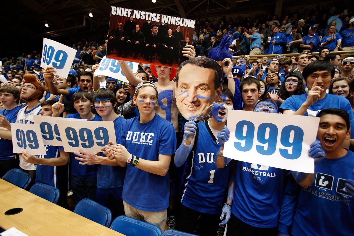 Jan 19, 2015; Durham, NC, USA; Duke Blue Devils fans celebrate their 79-65 win over the Pittsburgh Panthers marking Duke Blue Devils head coach Mike Krzyzewski's 999 career win in their game at Cameron Indoor Stadium