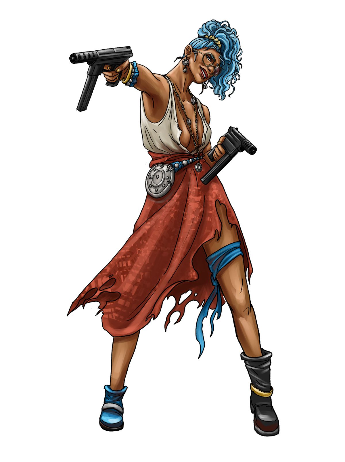 A flashy woman with blue hair and mismatched clothes comes out with an automatic gun.