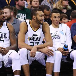 The Jazz bench enjoy the final moments of the game as the Jazz defeat the Thunder 109-89 at Vivint Smart Home arena in Salt Lake City on Wednesday, Dec. 14, 2016.