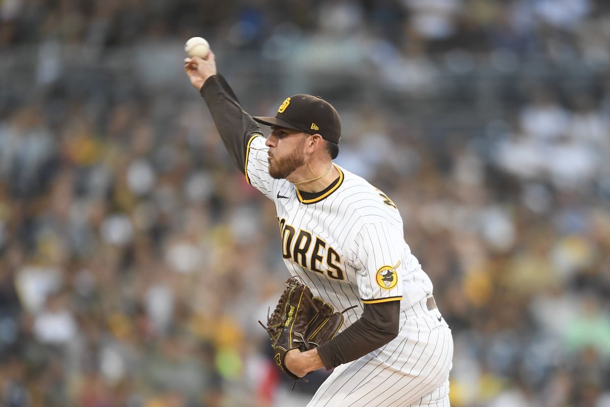 Joe Musgrove #44 of the San Diego Padres pitches during the first inning of a baseball game against the Washington Nationals at Petco Park on July 5, 2021 in San Diego, California.