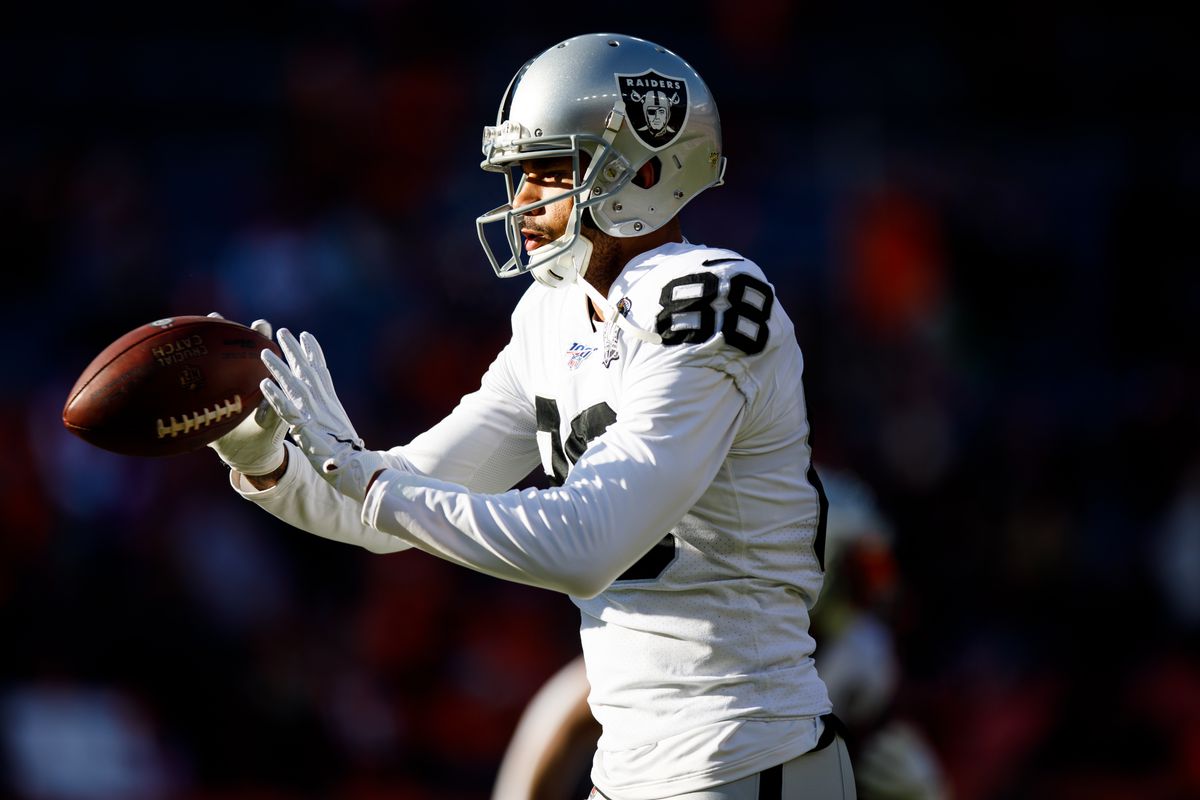 Wide receiver Marcell Ateman #88 of the Oakland Raiders catches a pass during warmups before the game against the Denver Broncos at Empower Field at Mile High on December 29, 2019 in Denver, Colorado. The Broncos defeated the Raiders 16-15.
