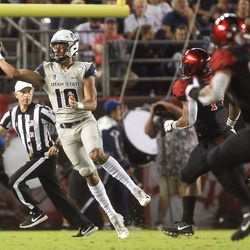 Utah State quarterback Jordan Love throws a pass during the first quarter against San Diego State in an NCAA college football game Saturday, Sept. 21, 2019, in San Diego. (Hayne Palmour IV/The San Diego Union-Tribune via AP)